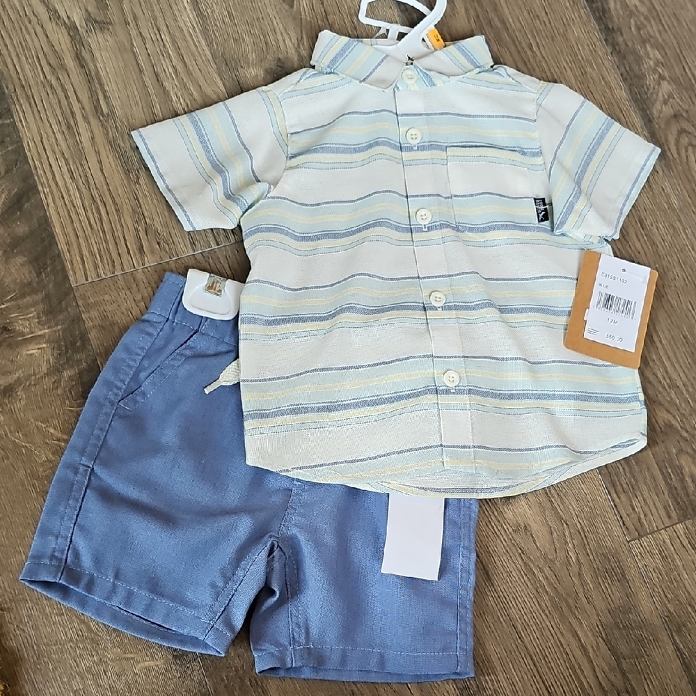 NWT Eddie Bauer Short Set BOY toddler Striped Shirt Blue Yellow 12 Month